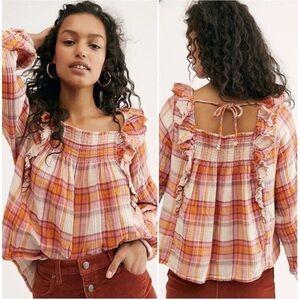 Free People Siena Plaid Pullover Blouse Tea Combo